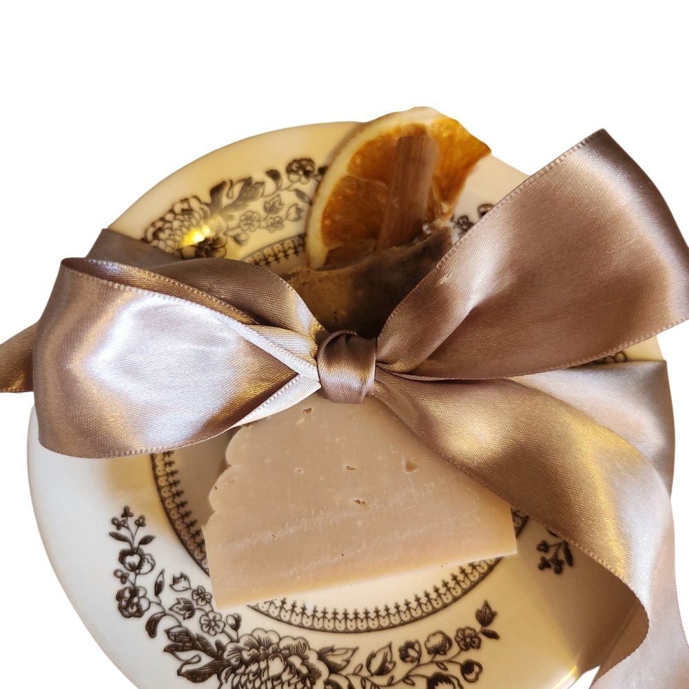 Elegant Soap on Floral Plate with Satin Ribbon